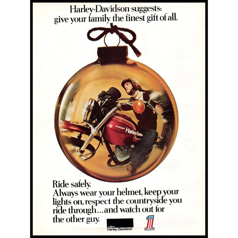 1974 AMF Harley Davidson Vintage Print Ad Christmas Gift Tree Ball Wall Art